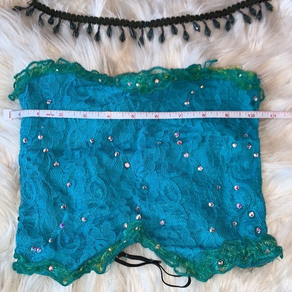Turquoise two piece dance costume adorned with Swarovski Crystals - Picture 4 of 9